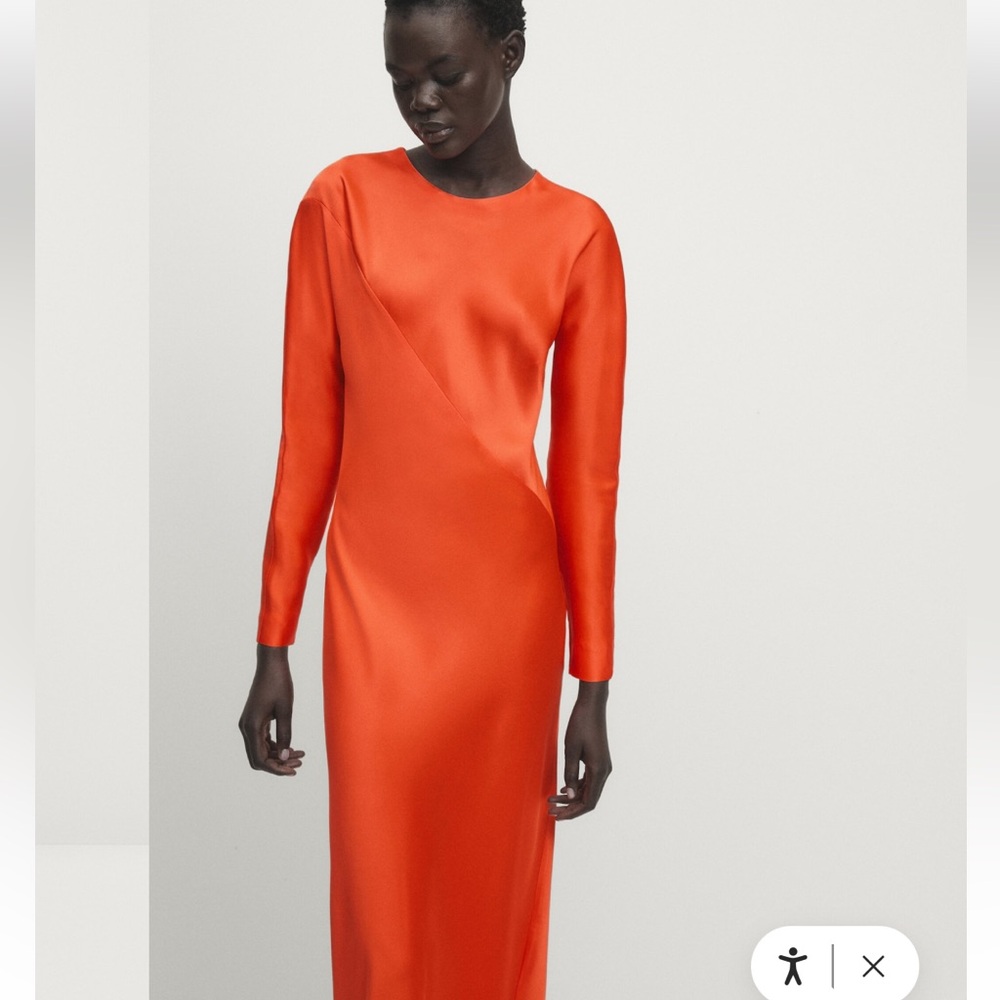 massimo dutti Studio Long Sleeve Orange Satin Long Dress, S, $350